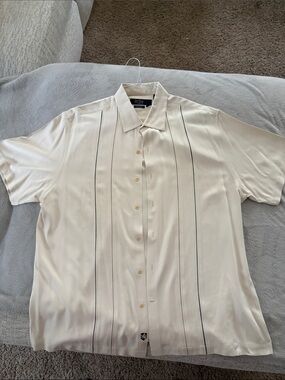 Nat Nast Men's Cream Short-Sleeve Button-Down Shirt with Thin Black Stripes